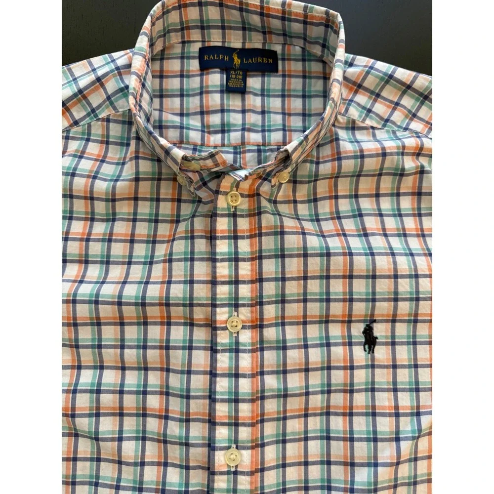 Ralph Lauren Boys Plaid Button-Up Size XL (18-20) Blue/Green Short Sleeve Cotton